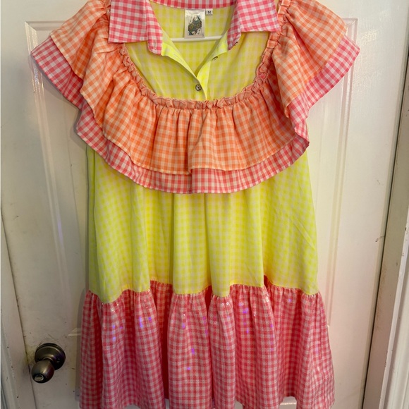 QUEEN OF SPARKLES Dresses & Skirts - QUEEN OF SPARKLES Pink and Yellow Sequin Gingham Mini Dress